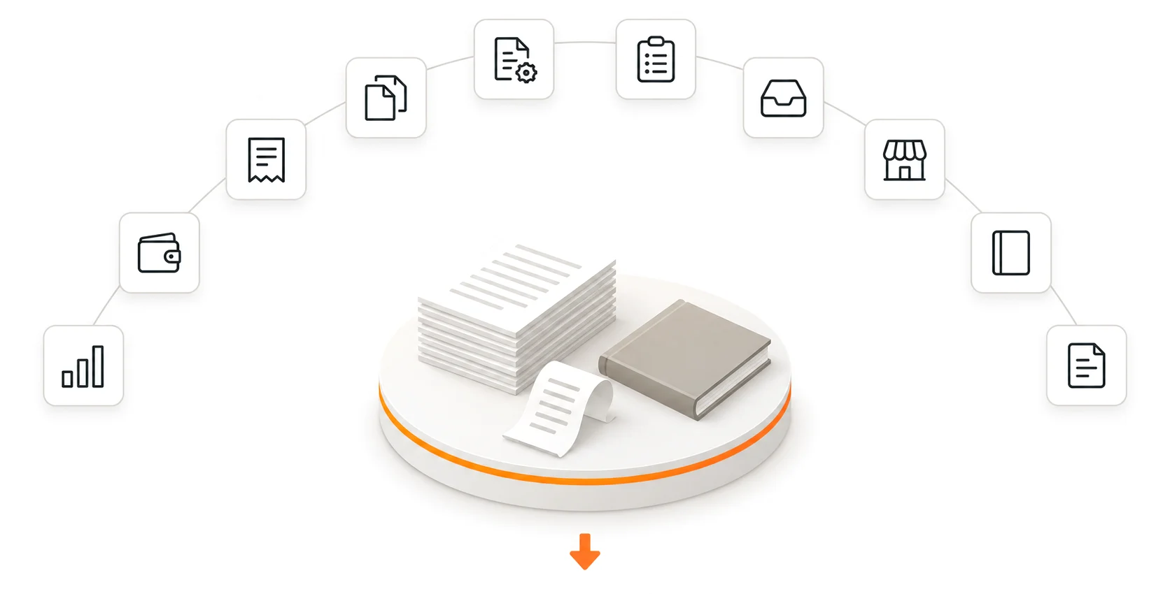 Ten Acua modules arranged in an arc around one platform that holds documents, receipts and a shared ledger.